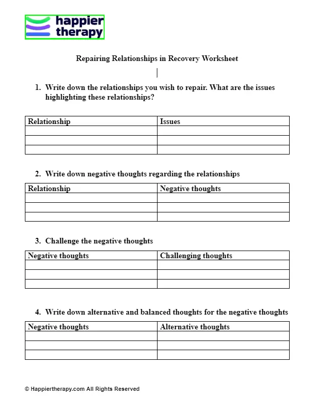 Repairing Relationships In Recovery Worksheet | HappierTHERAPY