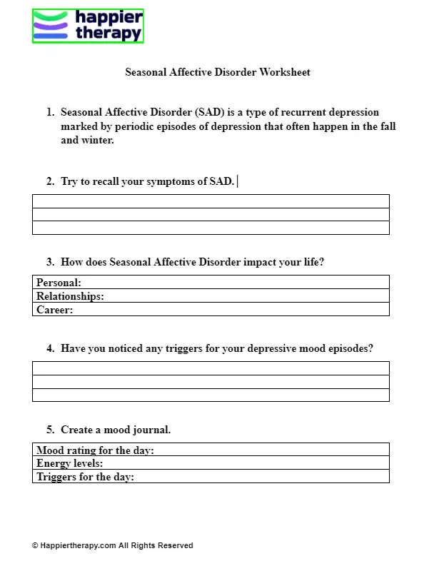 Seasonal Affective Disorder Worksheet Happiertherapy 9018