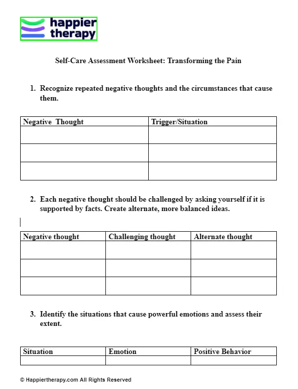 Self-Care Assessment Worksheet: Transforming The Pain | HappierTHERAPY