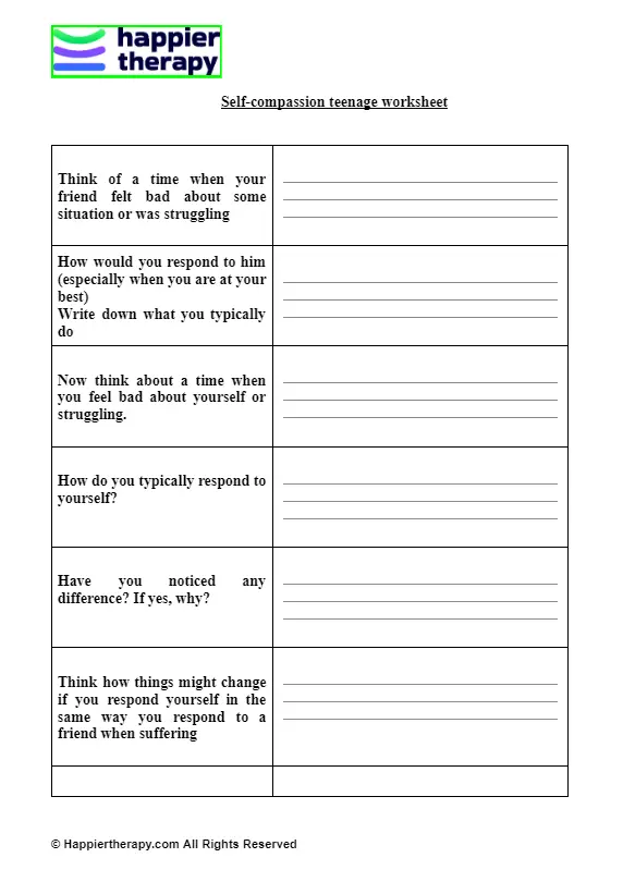 Self-compassion Teenage Worksheet | HappierTHERAPY