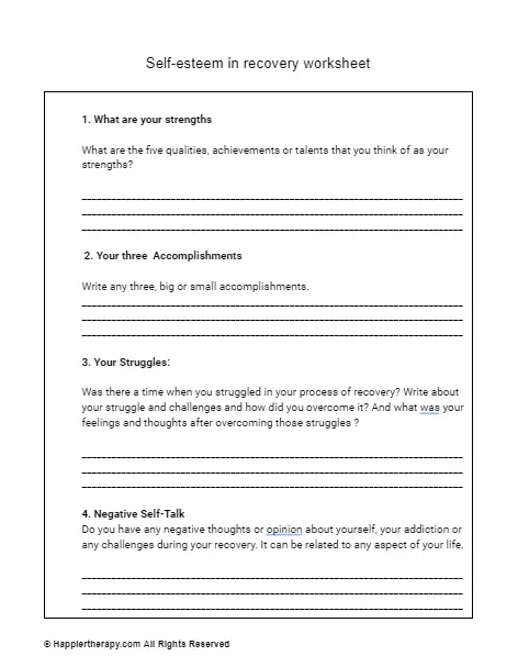 Self Esteem In Recovery Worksheet Happiertherapy