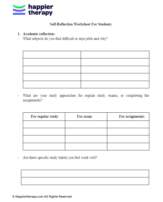 Self-Reflection Worksheet For Students | HappierTHERAPY