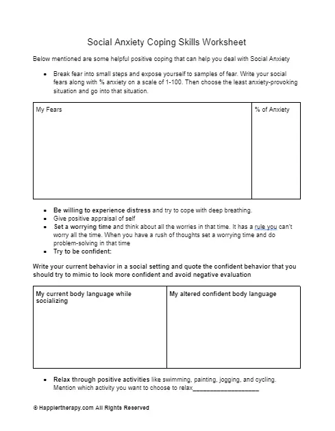 Social Anxiety Coping Skills Worksheet 