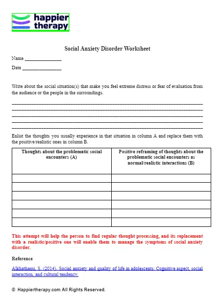 Social Anxiety Disorder Worksheet | HappierTHERAPY