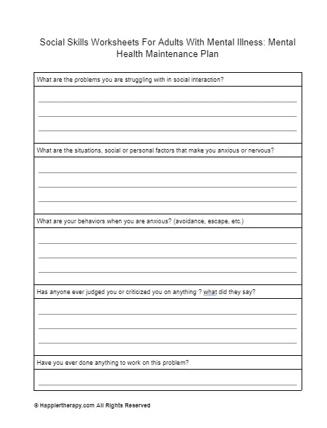 Social Skills Worksheets For Adults With Mental Illness Mental Health Maintenance Plan 