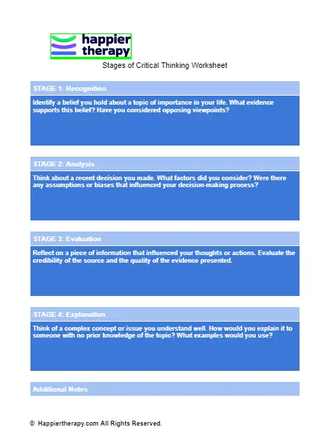 Stages Of Critical Thinking Worksheet | HappierTHERAPY