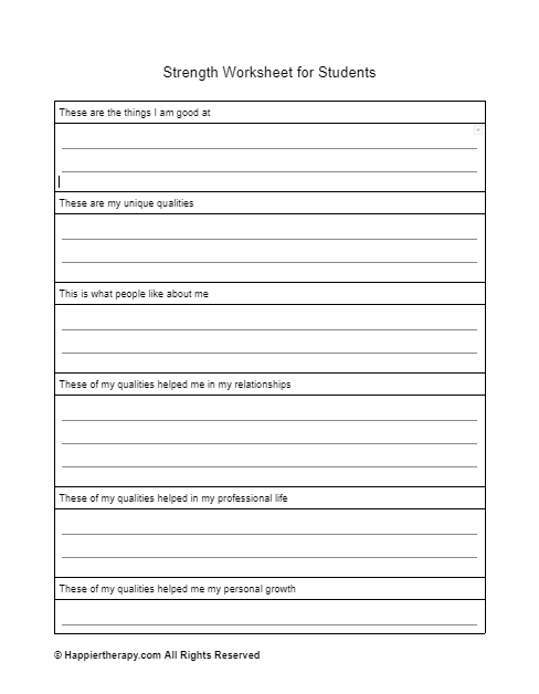 Strength Worksheet For Students | HappierTHERAPY