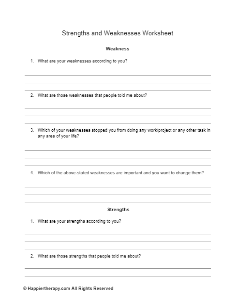 Strengths And Weaknesses Worksheet | HappierTHERAPY