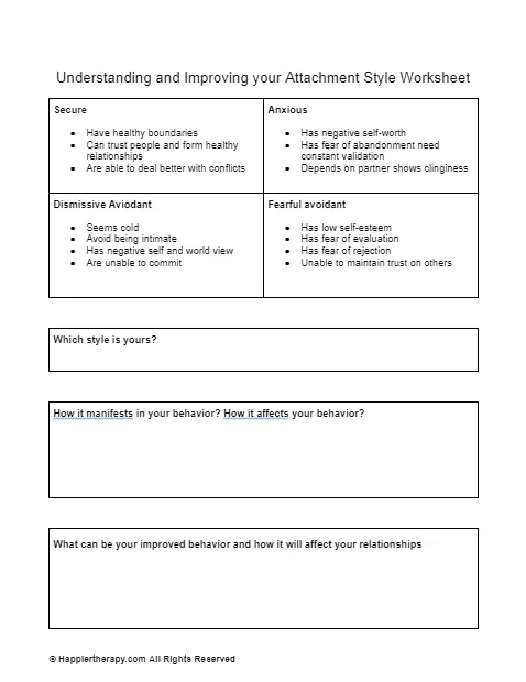 Understanding And Improving Your Attachment Style Worksheet | HappierTHERAPY