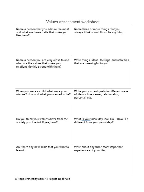 Values Assessment Worksheet | HappierTHERAPY