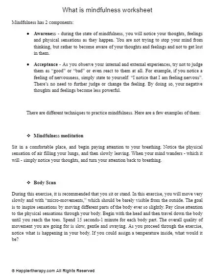 What Is Mindfulness Worksheet 